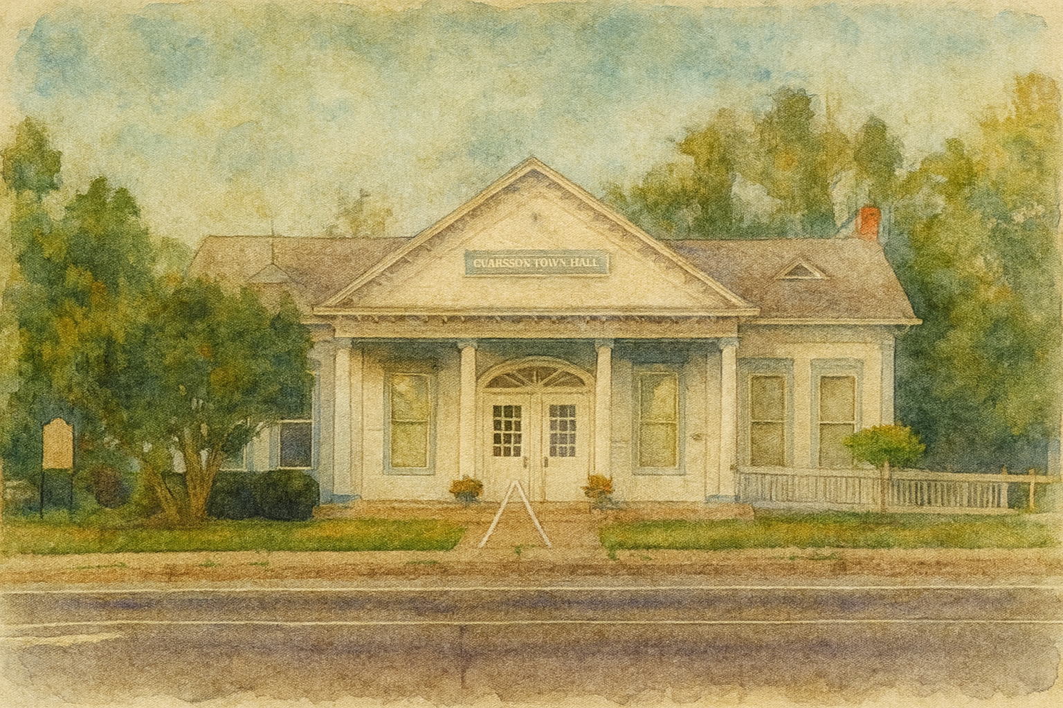 Clarkson town hall rendered in a watercolor style
