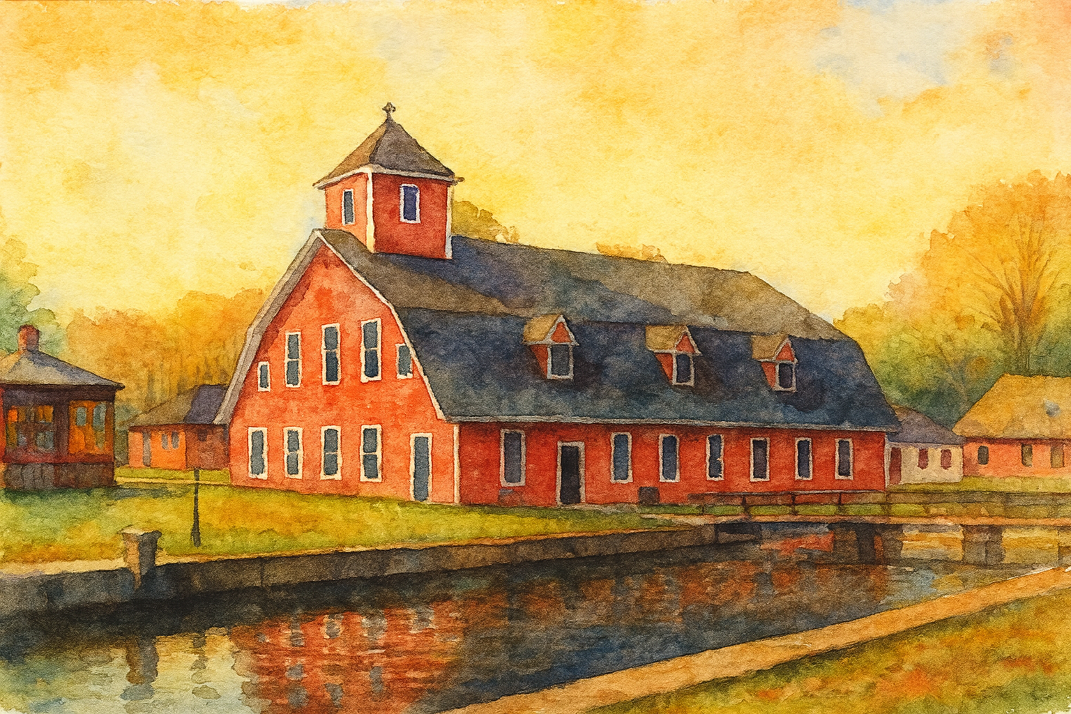 Large barn with creek running next to it